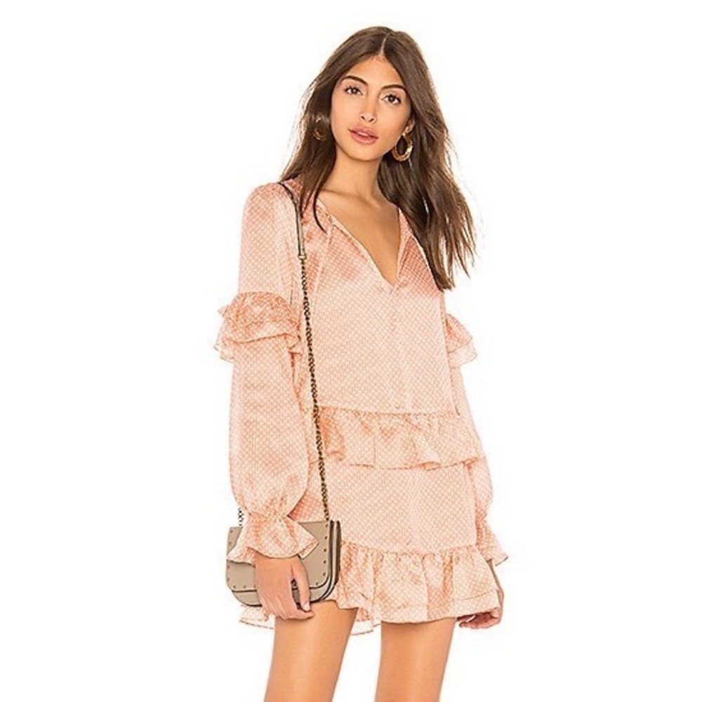 Tularosa Darla Peach Polka Dot Ruffle Tiered Mini Dress Long Sleeve XS NWT